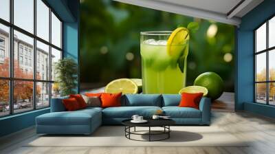 A Glass of lemon juice with green and yellow lemon, Refreshing and healthy lemon juice ice in a glass with summer background, lemon juice photo Wall mural