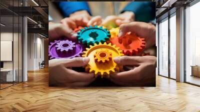 Business People holding Gears and Teamwork Concept, Business team connect pieces of gears. Teamwork, partnership and integration concept, ai generated photo Wall mural