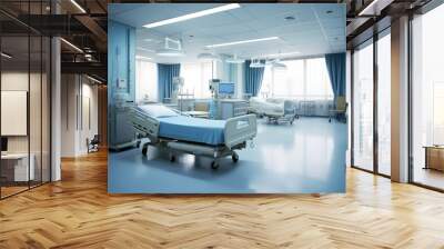 Empty modern hospital corridor, clinic hallway interior background with white chairs for patients waiting for doctor visit. Contemporary waiting room in medical office. Healthcare services concept Wall mural