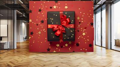 Gift box with ribbon, Holiday theme with decorative background, Elegant wrapped gift box for accessories Wall mural