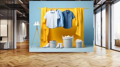 Laundry service, Ironing on clothes, hygiene and cleaning clothes on washing machine, Housekeeping lifestyle, housework concept, Laundry and dry cleaning business Wall mural