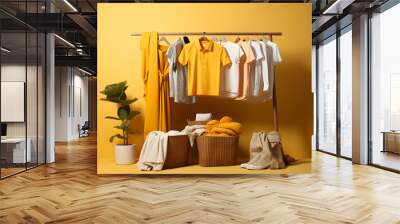 Laundry service, Ironing on clothes, hygiene and cleaning clothes on washing machine, Housekeeping lifestyle, housework concept, Laundry and dry cleaning business Wall mural