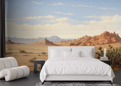 A panoramic view of a desert landscape with sand dunes and cactus plant. Adventure journey vibe style Wall mural