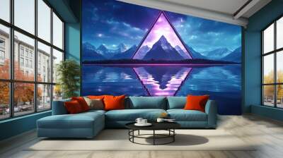 AI Generated. AI Generative.  3d render abstract neon background with triangular geometric frame mountaines landscape. Graphic Art Wall mural