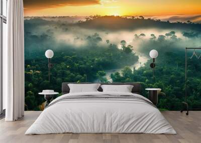 AI Generated. AI Generative. Beautiful green amazon forest landscape at sunset sunrise. Adventure explore air dron view vibe. Graphic Art Wall mural