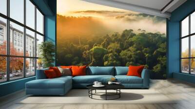 AI Generated. AI Generative. Beautiful green amazon forest landscape at sunset sunrise. Adventure explore air dron view vibe. Graphic Art Wall mural