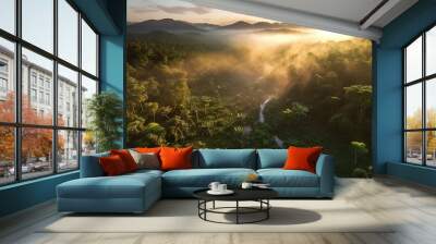 AI Generated. AI Generative. Beautiful green amazon forest landscape at sunset sunrise. Adventure explore air dron view vibe. Graphic Art Wall mural