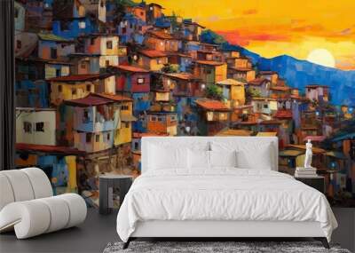 AI Generated. AI Generative. Brazil Rio Favela city urban town poor house building color landscape. Adventure travel draw paint art vibe. Graphic Art Wall mural