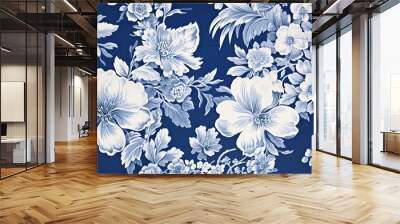 AI Generated. AI Generative. Drawing painting ink blue watercolor hawaiian plant flower patter texture decoration. Graphic Art Illustration
 Wall mural