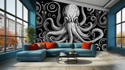 AI Generated. AI Generative. Engraving retro vintage style octopus woodcut linocut illustration. Graphic Art Wall mural