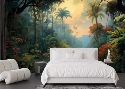 AI Generated. AI Generative. Exotic tropical rainforest jungle forest green fresh landscape. Asia adventure explore tour. Graphic Art Wall mural