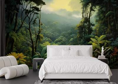 AI Generated. AI Generative. Exotic tropical rainforest jungle forest green fresh landscape. Asia adventure explore tour. Graphic Art Wall mural