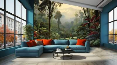 AI Generated. AI Generative. Exotic tropical rainforest jungle forest green fresh landscape. Asia adventure explore tour. Graphic Art Wall mural