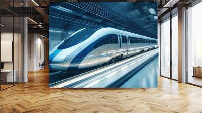 AI Generated. AI Generative. Fast speed train metro sybway on ground station railroad motion move machine background. Graphic Art Wall mural