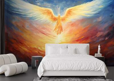 AI Generated. AI Generative. Glowing light flying angel in heaven. Religion spiritual faith mythology vibe. Graphic Art Wall mural