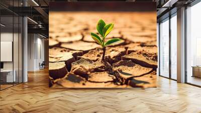 AI Generated. AI Generative. Green plant grow in the dry land. New life born with fight. Motivational photo illistration. Graphic Art Wall mural