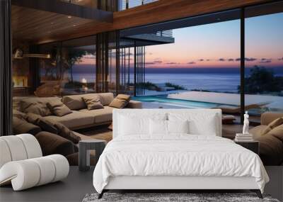 AI Generated. AI Generative. Luxury hotel villa house patio mansion style living relaxing room with big window and view on sea ocean landscape background.  Graphic Art Wall mural