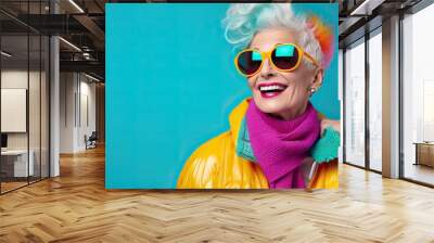 AI Generated. AI Generative. Mature old woman with sunglasses. Cute beautiful fashion decoration background in bright colors.  Graphic Art Wall mural