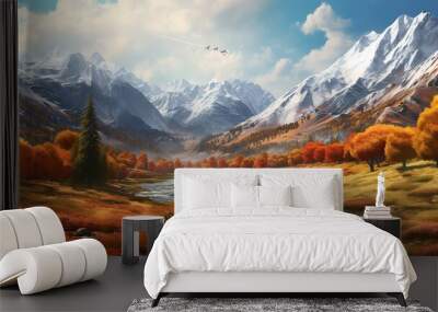 AI Generated. AI Generative. Nature outdoor fall autumn landscape background with mountains and field forest. Graphic Art Wall mural