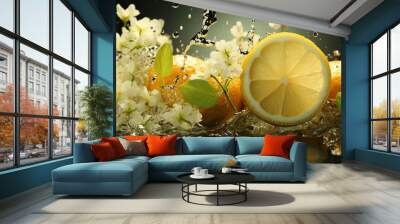 AI Generated. AI Generative. Nature outdoor flowers with lemon citrus and water. Healthy decoration background. Graphic Art Wall mural