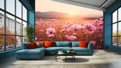 AI Generated. AI Generative. Nature outdoor landscape field of flowers at sunset sunrise. Blossom bloom botanical plant adventure vacation wild life. Graphic Art Wall mural