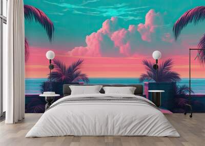 AI Generated. AI Generative. Old vintage cyberpunk vapor wave synthwave miami vice florida tropical landscape. Graphic Art Wall mural