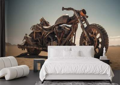 AI Generated. AI Generative. Old vintage retro brutal motor bike in desert road. Adventure explore travel vibe. Graphic Art Wall mural