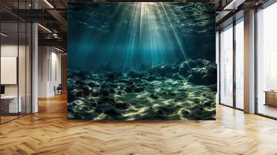 AI Generated. AI Generative. Photo of under sea ocean world. Marine Nautical with darm mustic mood adventure vibe. Graphic Art Illustration. Wall mural