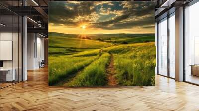 AI Generated. AI Generative. Photo realistic Illustration of green field grass hills landscape. Graphic Art Wall mural