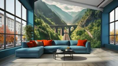 AI Generated. AI Generative. Photo realistic illustration of train mountaines green nature landscape. Graphic Art Wall mural