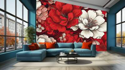 AI Generated. AI Generative. Red asian chinese japanese traditional vintage retro classic flowers. Background graphic pattern background decoration. Graphic Art Wall mural