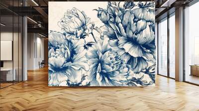 AI Generated. AI Generative. Retro vintage paint drawing ink sketch peonies flowers in blue old style. Can be used for decoration of wedding card or romantic fashion postcard.  Graphic Art Wall mural