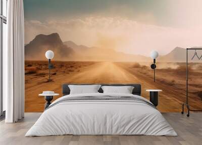 AI Generated. AI Generative. Sand desert hot dirty road path. Outdoor arizona western nature landscape background. Road trip travel adventure explore vibe. Graphic Art Wall mural