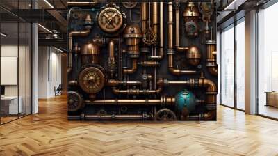 AI Generated. AI Generative. Steampunk vintage retro old pipes system. Graphic Art Wall mural