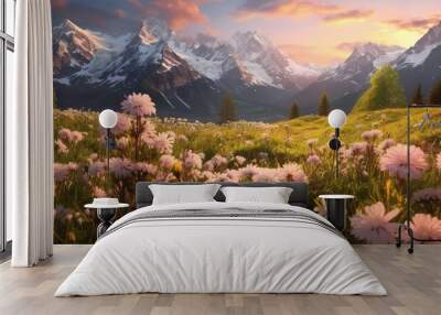 AI Generated. AI Generative.  Swiss alps pecae calm landscape adventure vibe. Graphic Art Wall mural