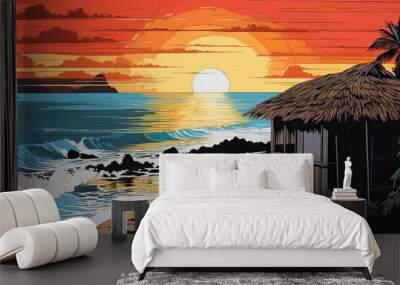 AI Generated. AI Generative. Tropical exotic paradise coast beach island sea ocean vacation with old wood house. Graphic Art Wall mural