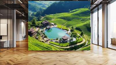 AI Generated. AI Generative. Vacation adventure top aerial view drone swomming pool on tropical paradise green hill field background. Graphic Art Wall mural