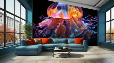 AI Generated. AI Generative. Vibrant jellyfish on black background. Graphic Art Wall mural