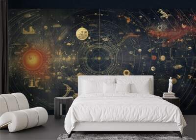 AI Generated. AI Generative. Vintage retro antoaue papper map of universe galaxy space astronomy. Stars cosmos adventure explore vibe. Graphic Art Wall mural