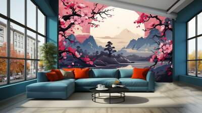 AI Generated. AI Generative. Vintage retro traditional Japanese Asian landscape background. Cherry blossom sakura tree flower mountain and outdoor nature minimal graphic art. Graphic Art Wall mural