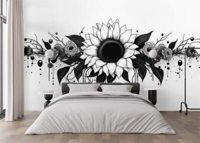 AI Generated. AI Generative. Wild nature botanical blossom flowers cunflowers black and white tattoo style. Graphic Art Wall mural