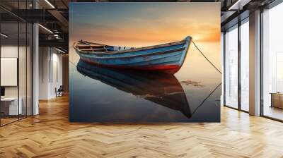 AI Generated. AI Generative. Wood boat ship on peace calm relaxung lake sea river water. Nature outdoor fishing landscape. Graphic Art Wall mural