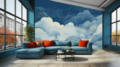 Blue sky, several classical auspicious cloud patterns with gold outlines, arranged on a background with pearlescent matte effect decorative background scene Wall mural