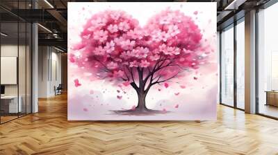 Pink sakura heart tree with a flower, in the style of realistic watercolors. Symbol of love romantic holiday. Nature outdoor plant scene view Wall mural