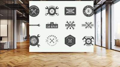 Set of vintage mechanic label, emblem, badge and logo. Vector illustration. Graphic Art Wall mural