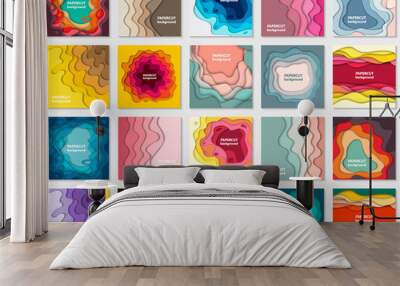 vector collection of 20 backgrounds with colorful paper cut shapes. 3d abstract paper art style, des Wall mural