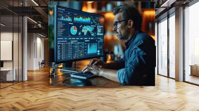 An analyst uses a computer and dashboard for data business analysis and Data Management System with KPI and metrics connected to the database for technology finance, operations, sales, marketing Wall mural