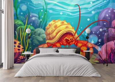 hermit crab with beautiful underwater world. Vector illustration cartoon style Wall mural