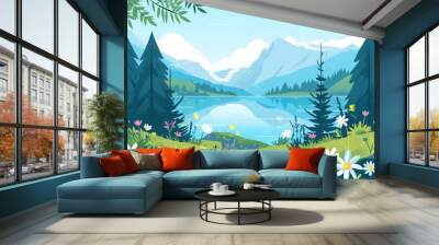 Mountains and river or lake landscape. View of wilderness, mountainous area with pine tree forests. Hills and meadows with blooming flowers. Vector illustration in flat cartoon style Wall mural