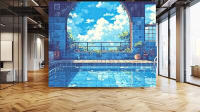 pixel art of an outdoor swimming pool, blue water, surrounded by tropical plants and potted ferns, pixel style, pixelated, pixelart  Wall mural